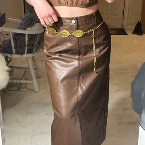 Brown Midi Pencil Skirt with Slit for Cocktail